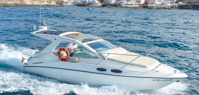 Champagne motorboat cruising with crew aboard